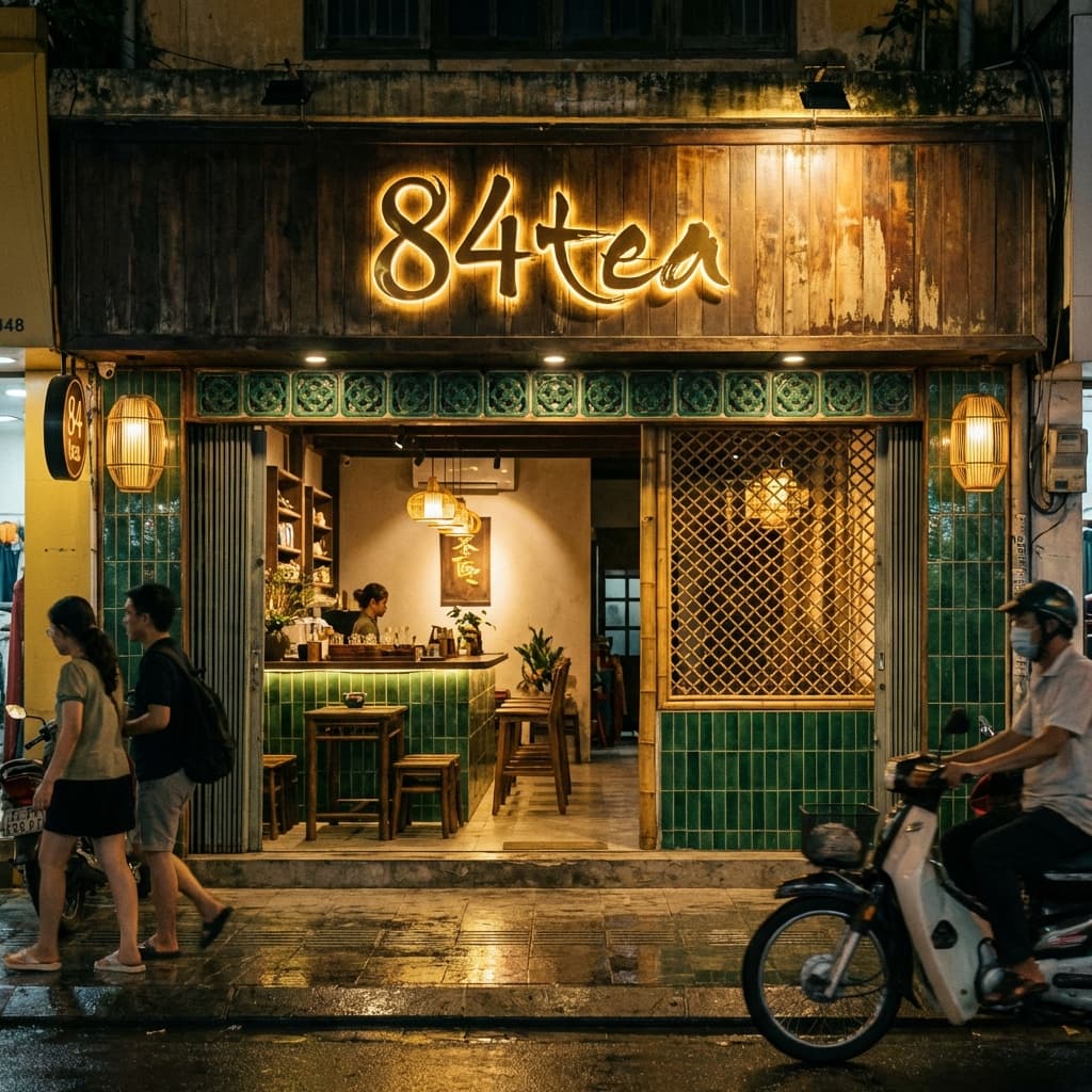 Bảng hiệu 84tea ban đêm